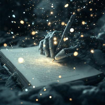 The primary subject of the image is a person writing on a book. The setting is a dark room with a book open in front of the person. The visual style is a combination of a photo and digital art, creating a unique and artistic atmosphere. The colors and mood are predominantly dark, with the person's hand and the book being the main focus of the image.